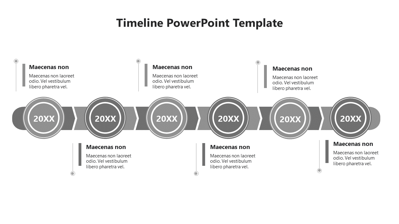 Horizontal timeline with six circular gray nodes labeled 20XX, connected by arrows, with text boxes above and below.