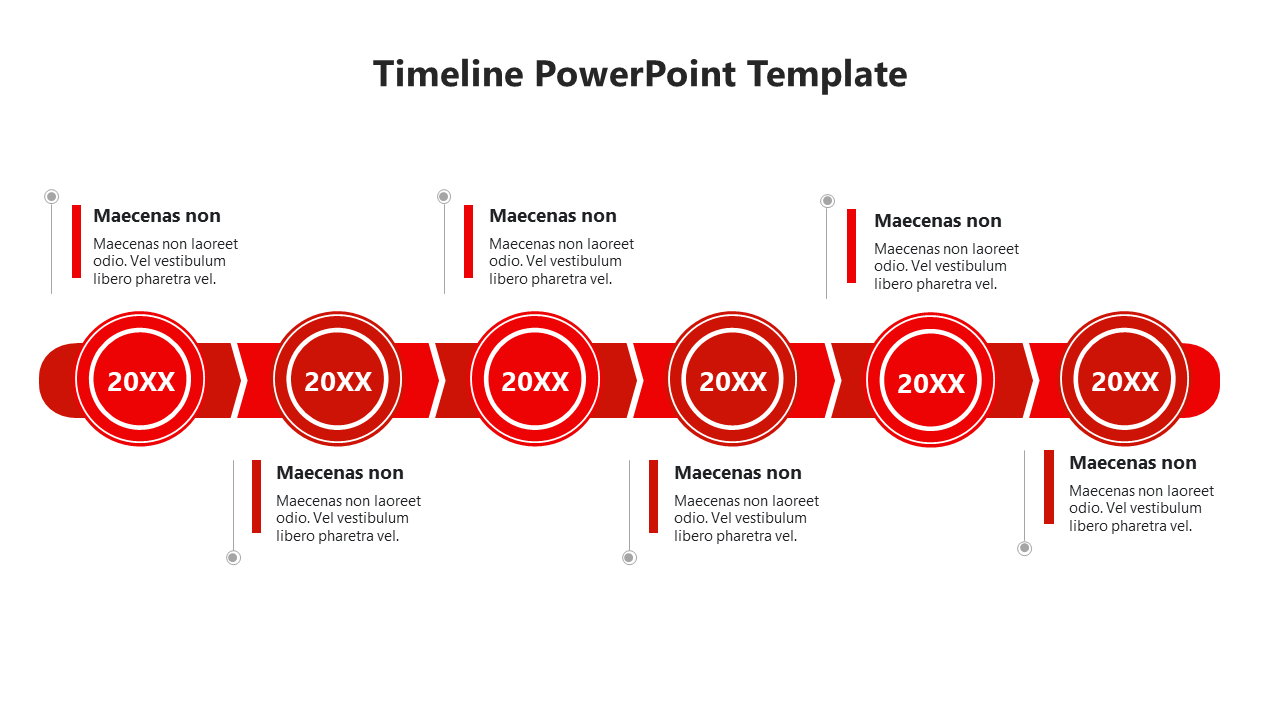 Timeline PowerPoint template with red circular milestones, labeled 20XX, with placeholder text for each year.