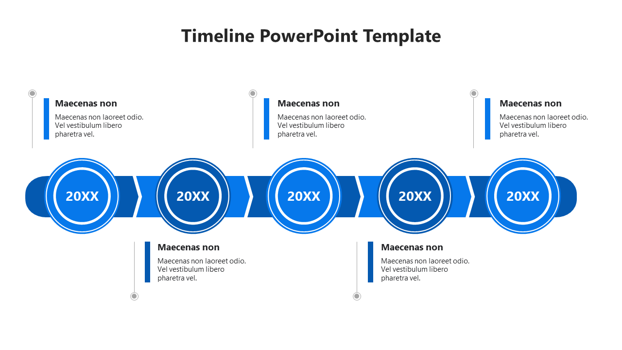 Blue timeline template with five circular nodes marked '20XX,' connected by arrows and chevrons, with placeholder text areas.