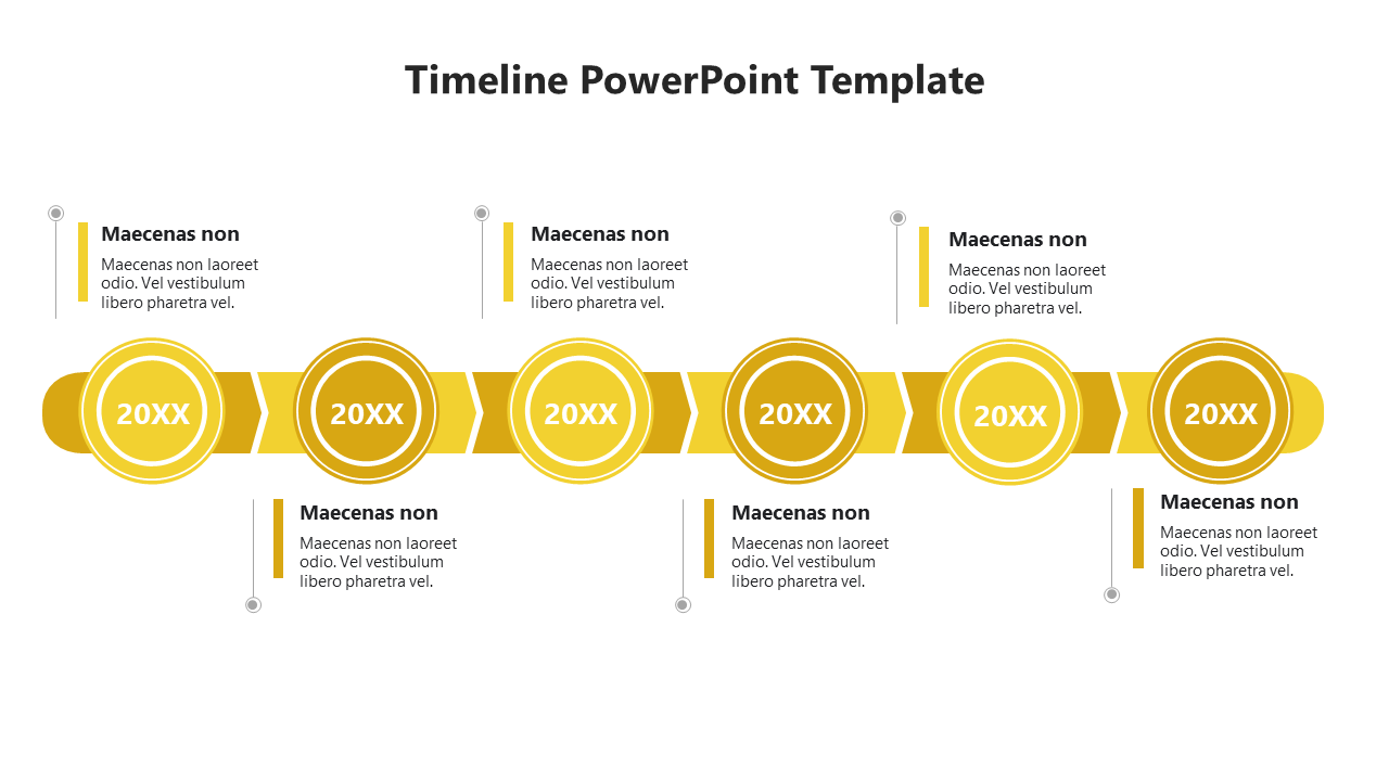 Timeline PowerPoint template with yellow circular milestones, labeled 20XX, with placeholder text for each year.