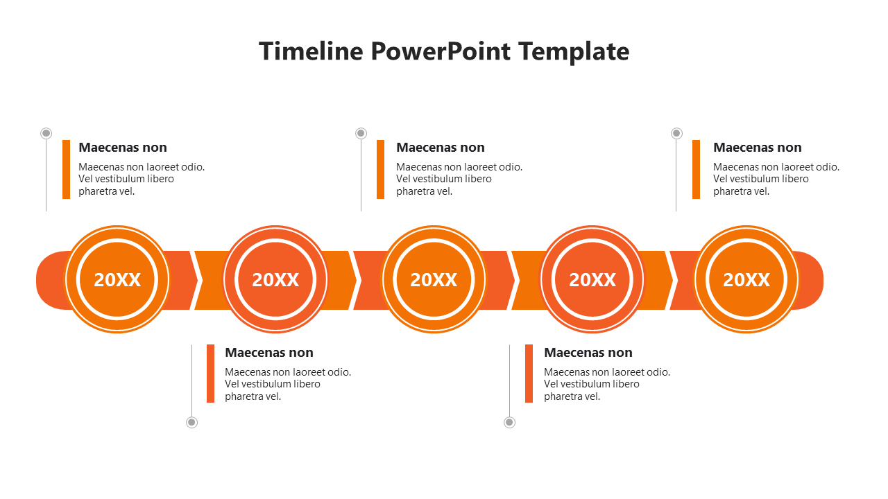 Timeline PowerPoint template featuring a horizontal design with circular milestones labeled 20XX and text placeholders.