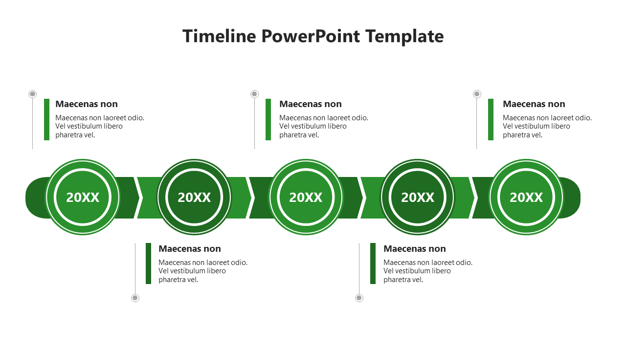 Progressive green timeline with six circular nodes, each indicating a year '20XX,' supported by placeholder text in sections.