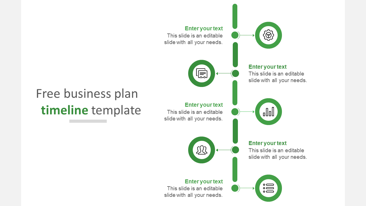 Green business plan timeline template with icons and arrows, each labeled with placeholder text for different stages.