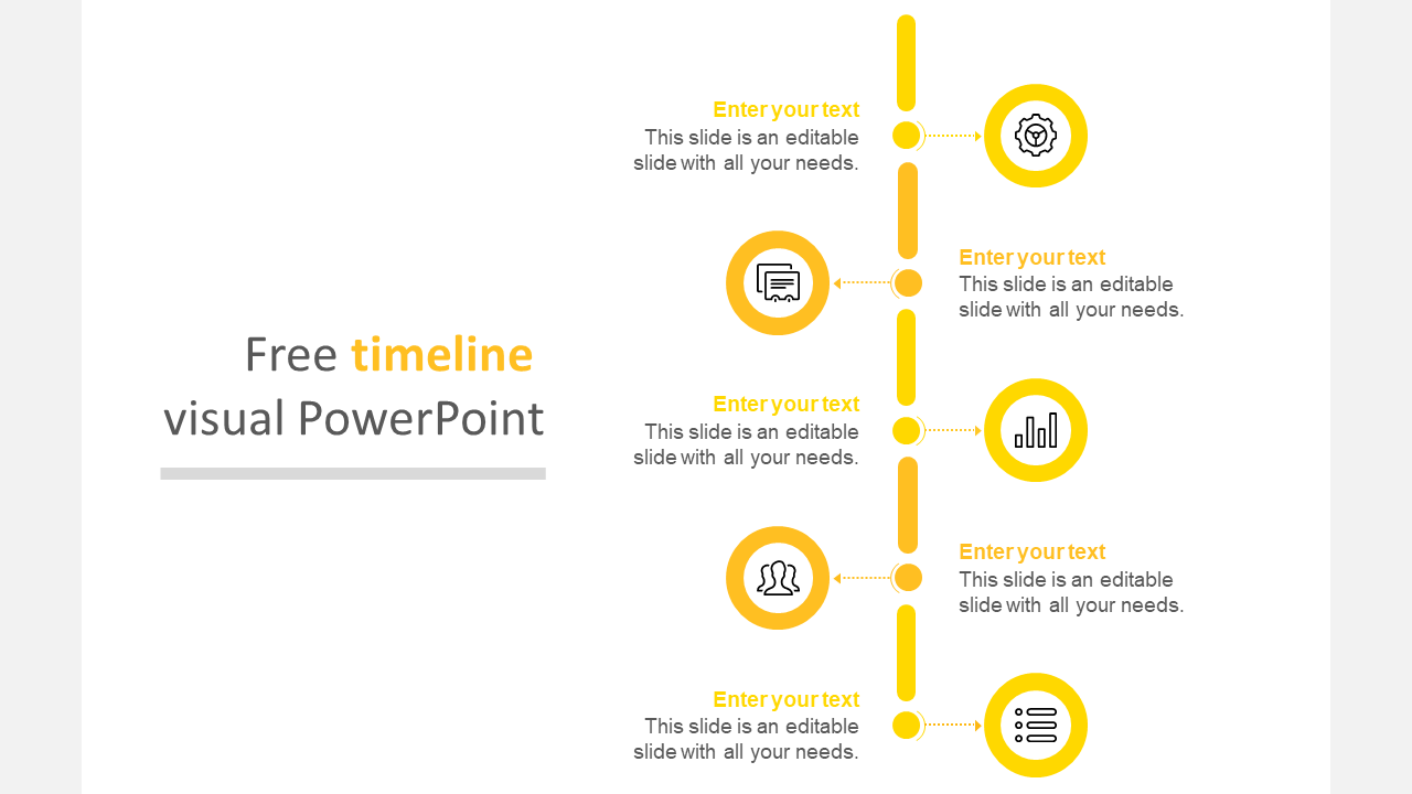 Vertical timeline slide with five yellow icons with text area on the right, and the title on the left.