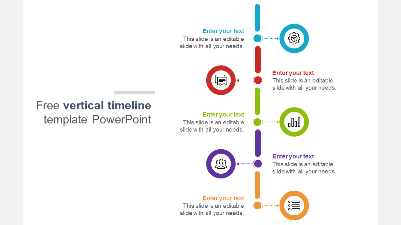 Vertical timeline slide with icons and text placeholders aligned to the right, offering a clear and organized design.