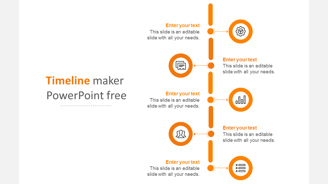 Orange business plan timeline template with icons and arrows, each labeled with placeholder text for different stages.