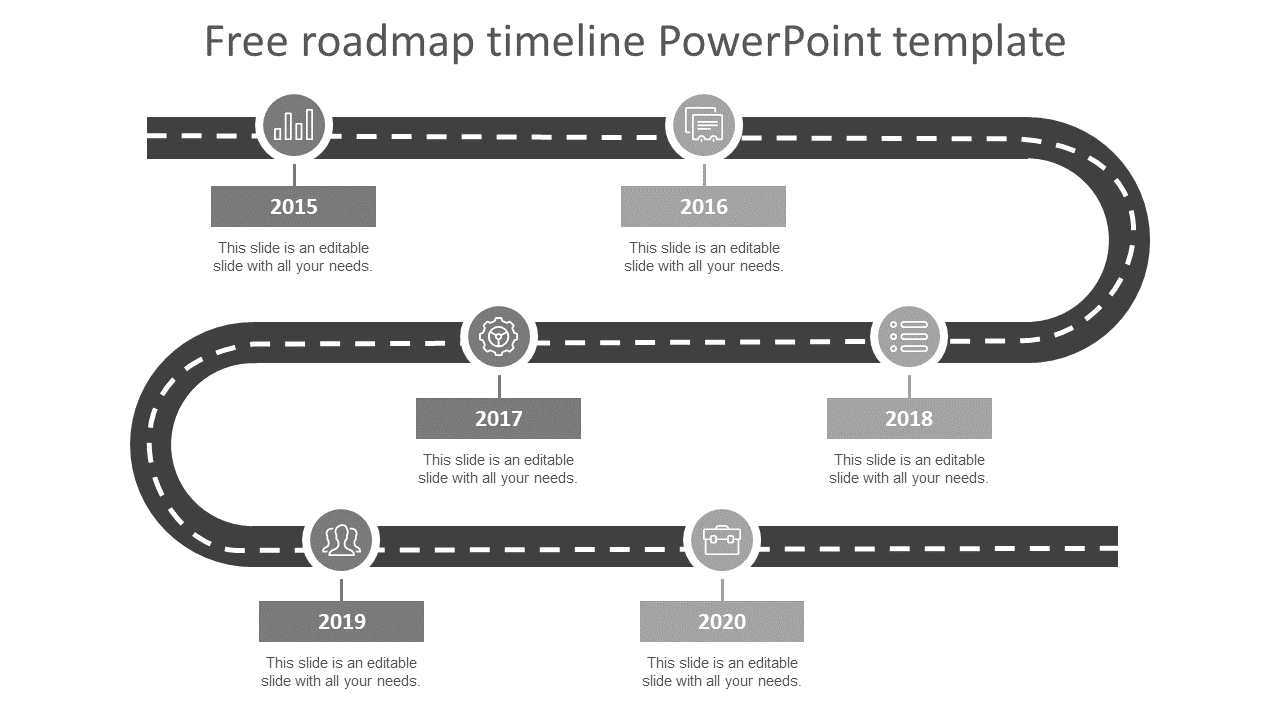 Slide featuring a free roadmap timeline illustrating key years from 2015 to 2020 with text areas on a grey theme.