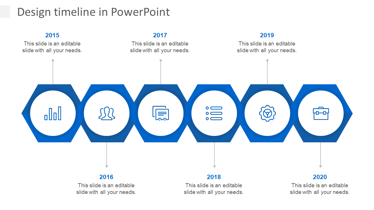 Horizontal timeline template with hexagonal markers for years 2015 to 2020 each with an icon and placeholder text areas.