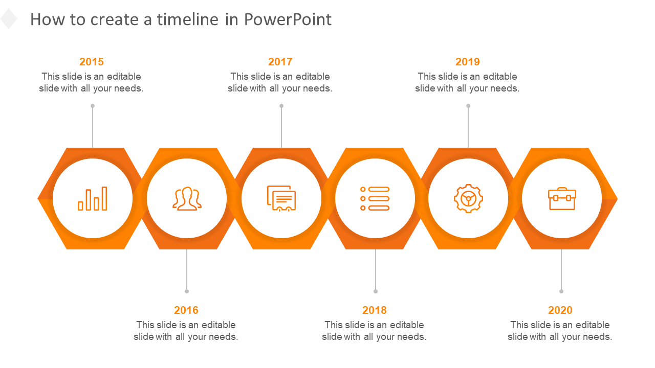 PowerPoint timeline tutorial displaying a hexagonal progression from 2015 to 2020 with icons and text.