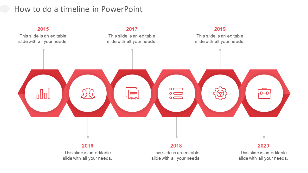 Timeline PPT template with red hexagonal shapes, each representing a year from 2015 to 2020 with corresponding icons.