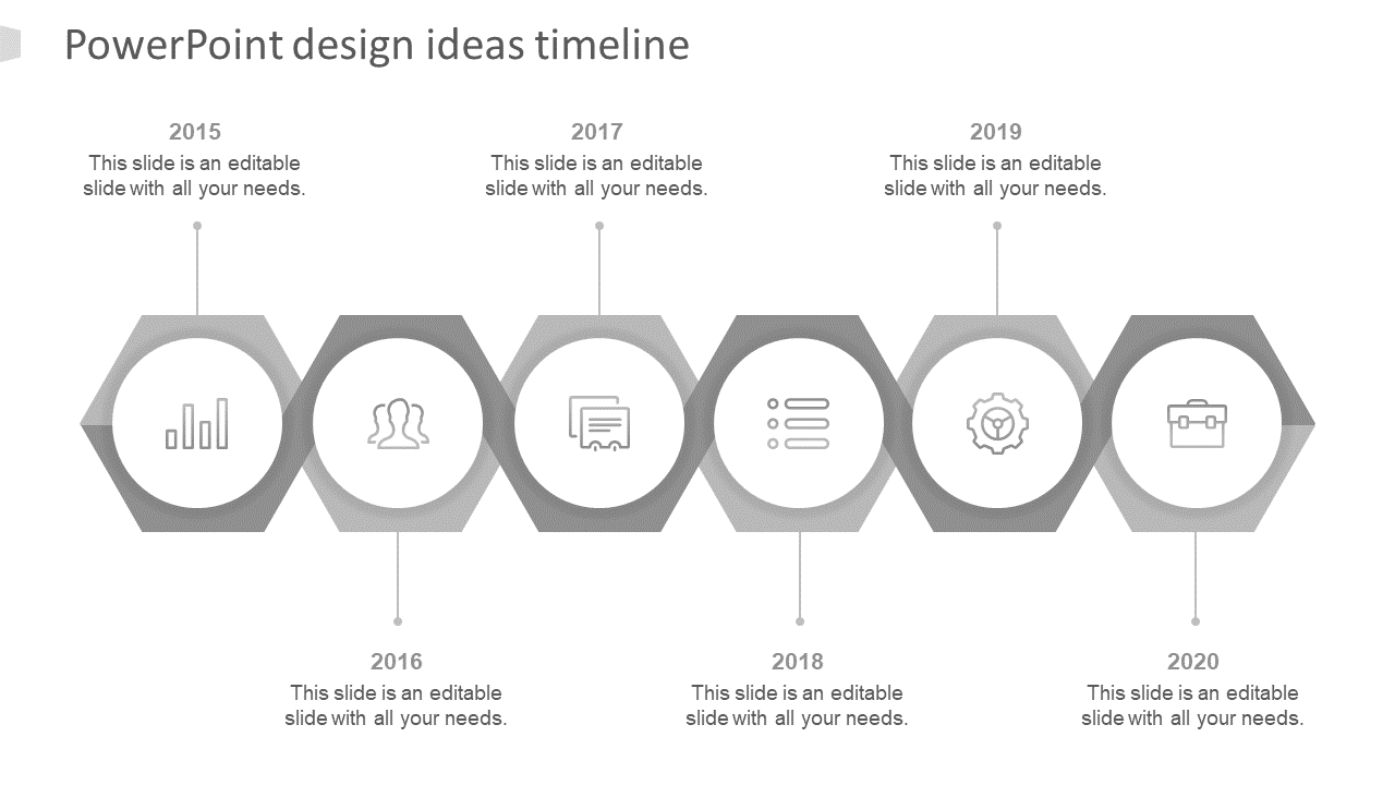 Gray timeline with hexagonal year markers from 2015 to 2020, each containing an icon and text.