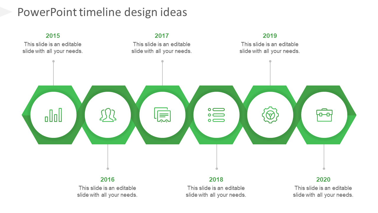 Six green hexagonal shapes forming a horizontal timeline, each with icons and labels from 2015 to 2020.