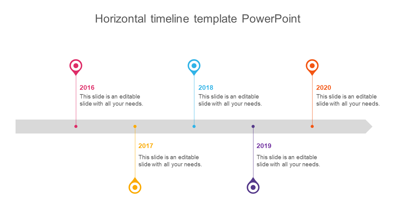 Timeline slide showing five years from 2016-2020 marked with colorful pointers on a gray line with text area.