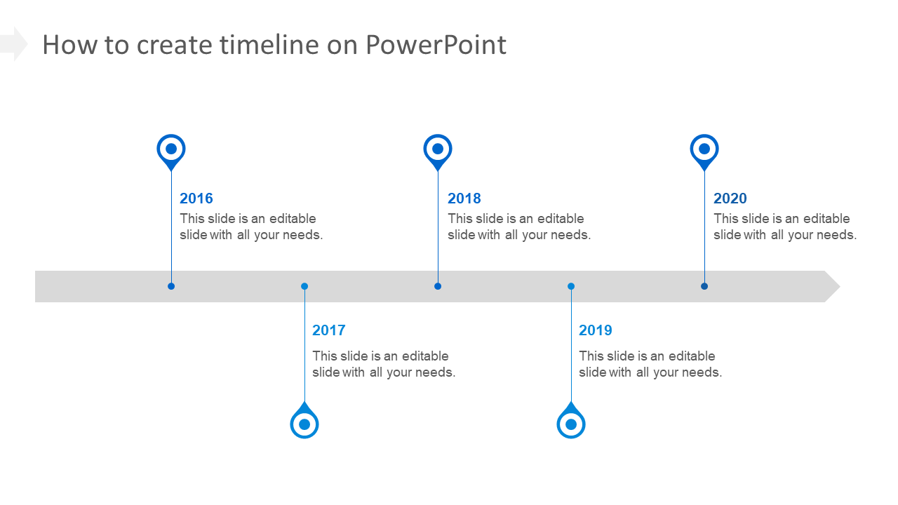 Timeline slide with a horizontal arrow featuring year markers and corresponding text placeholders, in a clean, blue design.