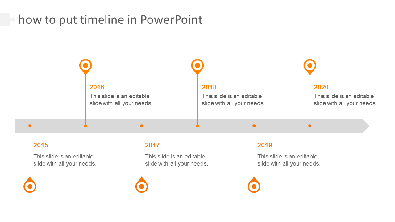 Orange themed timeline slide with milestones marked for the years 2015 through 2020, with placeholder text.