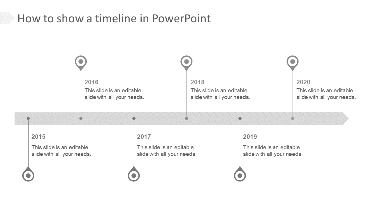 Minimalist gray timeline with year markers from 2015 to 2020, featuring circles and text on both sides.