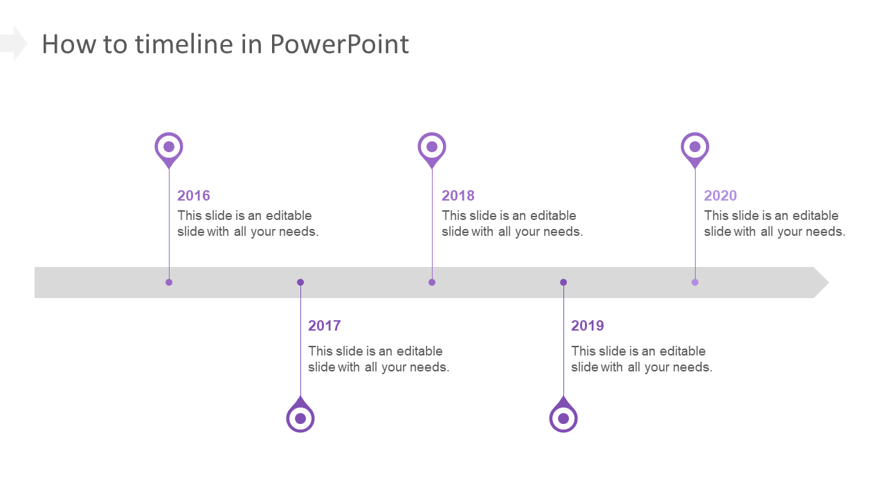 Slide featuring a timeline from 2016 to 2020, with purple pins marking each year and placeholders text areas.