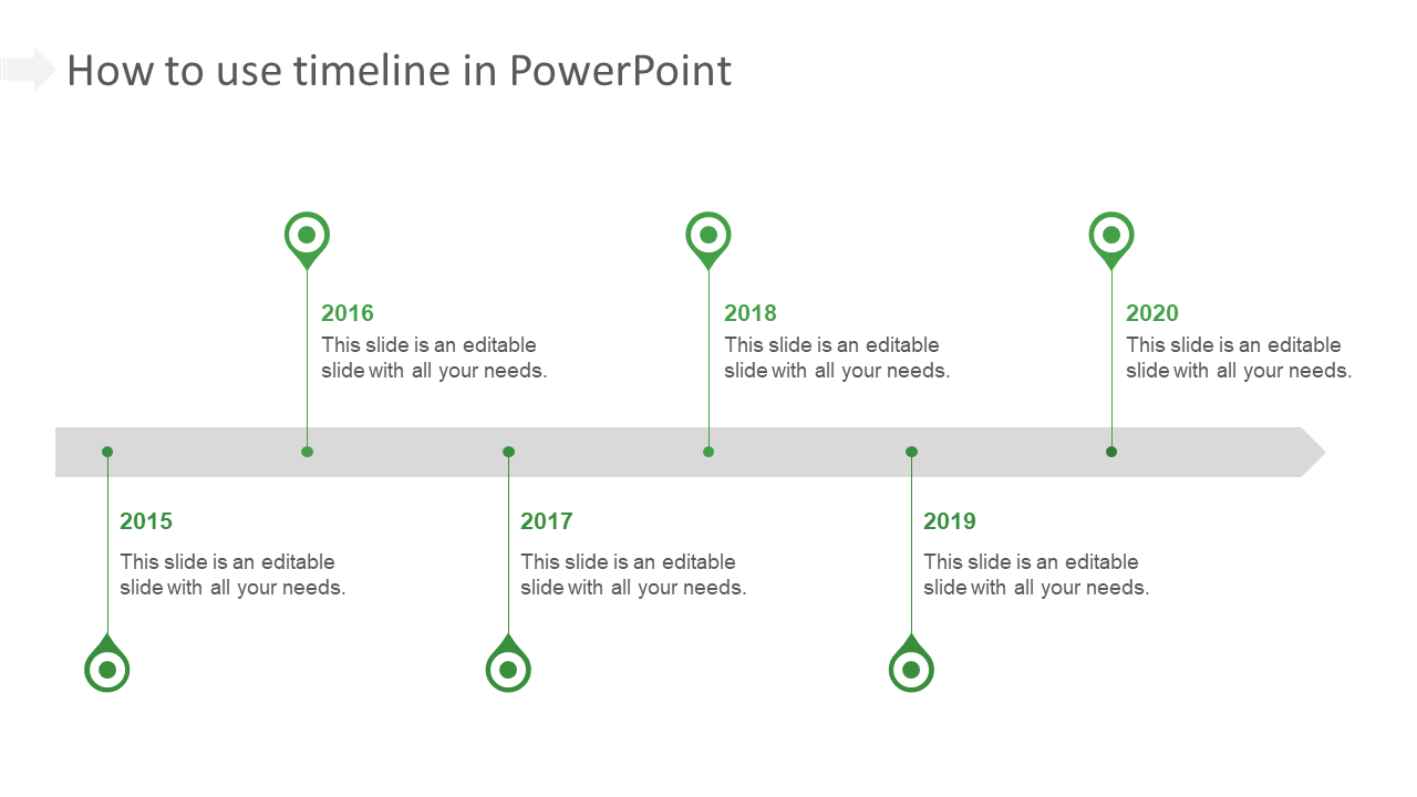 Gray timeline with six green pointers marking the years 2015 to 2020, arranged alternately above and below the line.