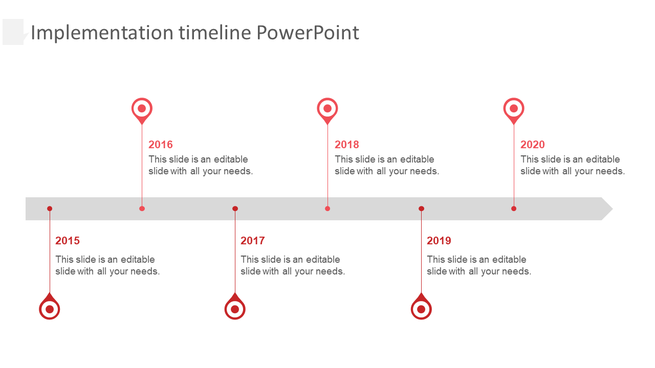 Horizontal gray arrow with six red markers and circles indicating points along the timeline with text on both sides.