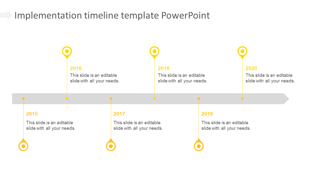 Timeline PowerPoint template with years 2015 to 2020, each year marked by a yellow circle and a placeholder text.