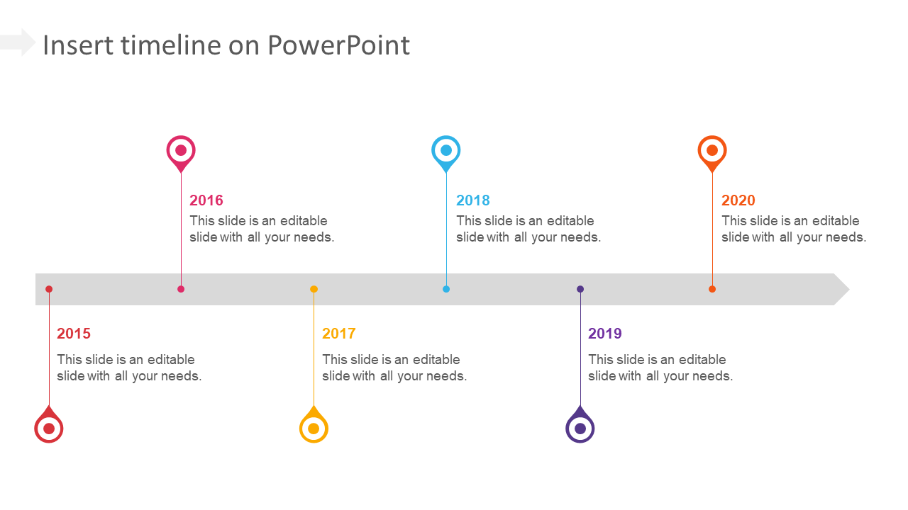 Slide with a horizontal timeline showing key milestones from 2015 to 2020, each marked with colorful points.