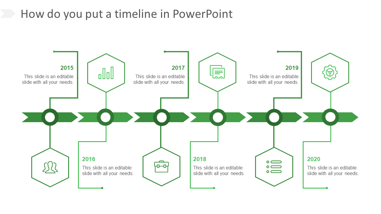 Timeline PPT slide with years from 2015 to 2020, each represented by a green hexagonal icon and connected by arrows.