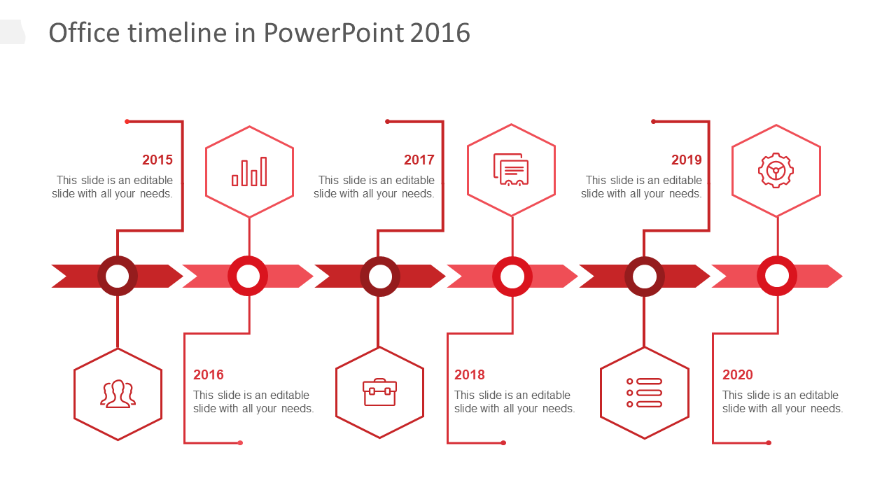 Horizontal office timeline from 2015 to 2020 with red hexagon icons and connecting arrows for each year.