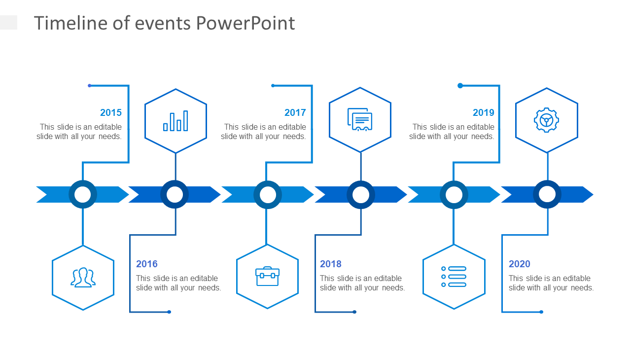 Blue timeline with hexagonal shapes marking events for the years 2015 through 2020, each with an icon and placeholder text.