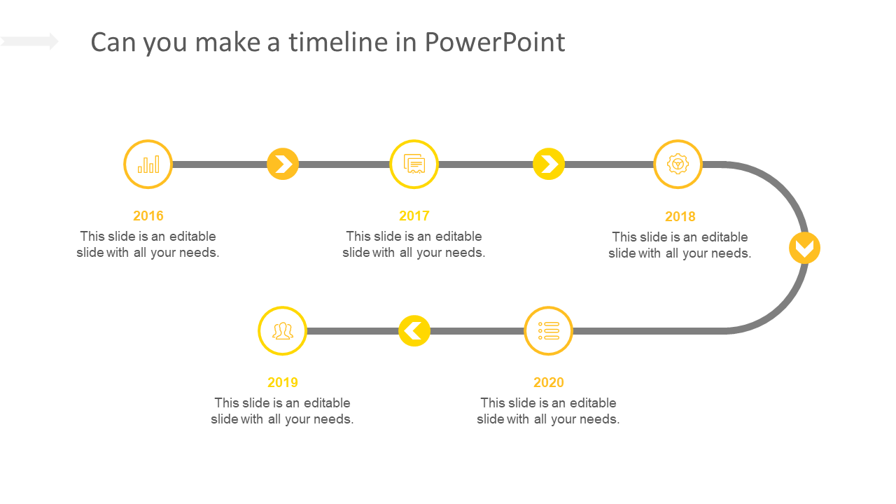 Timeline PPT slide with years from 2016 to 2020, each year marked by a yellow icon and connected by arrows with text area.