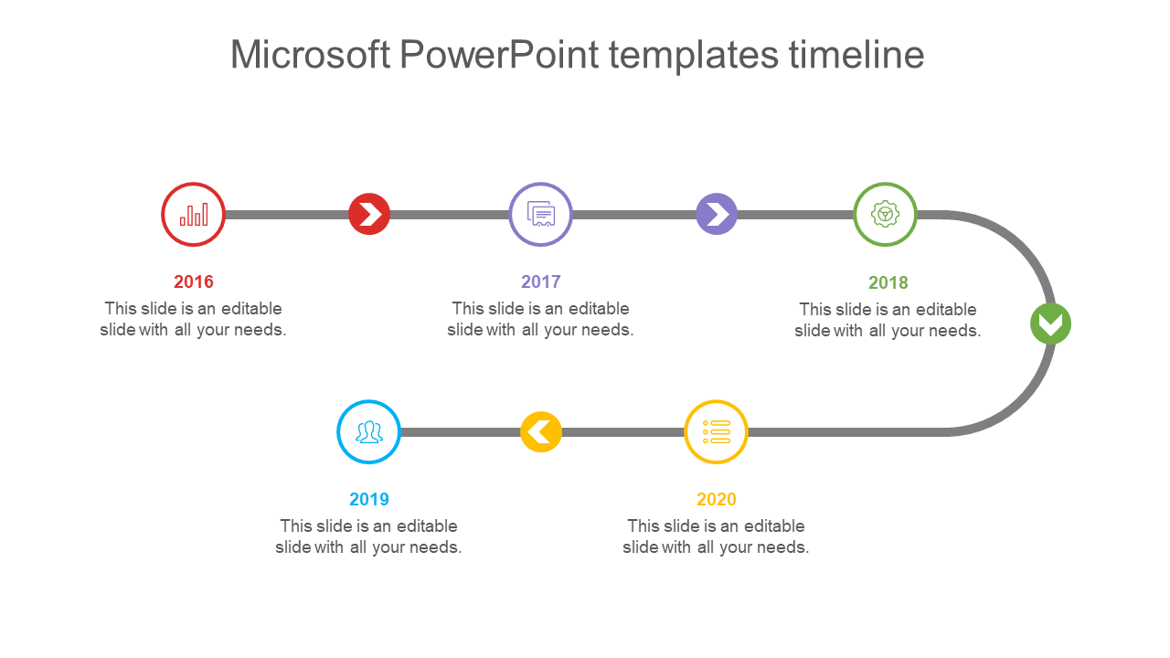 Timeline slide from 2016 to 2020, with colored icons representing each year and text below each milestone.