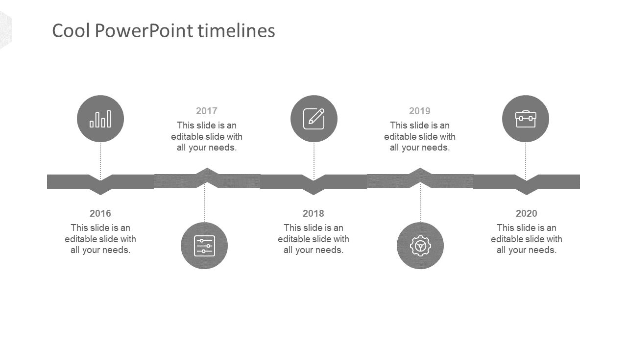 Gray themed timeline with icons under each year, connected by a horizontal line with text on both sides.