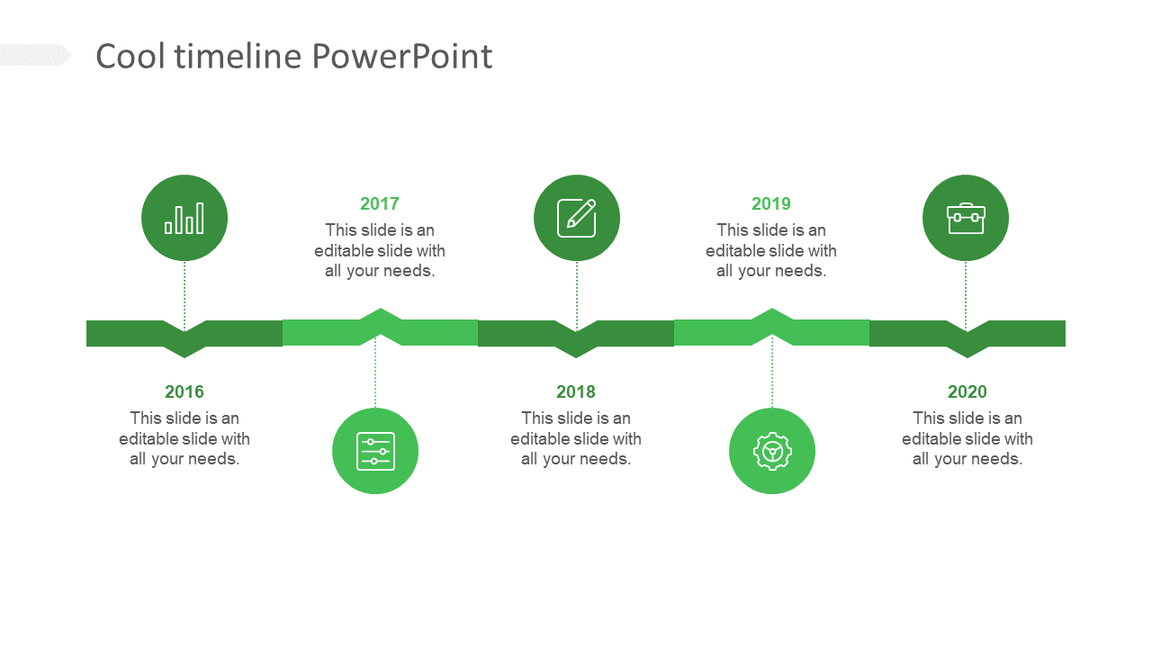 Cool timeline PPT slide with years from 2016 to 2020, each marked with a green icon and connected by a horizontal line.