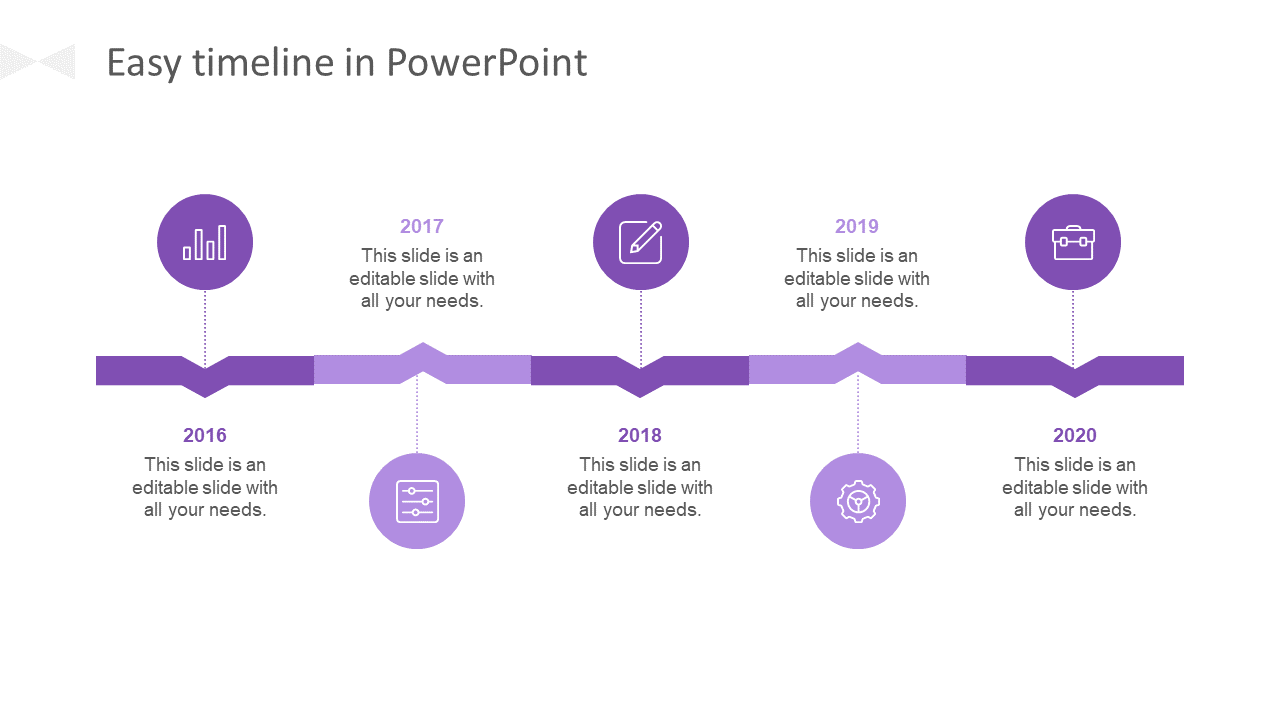 Five-year timeline with purple icons and caption area for each year from 2016 to 2020, including symbols.