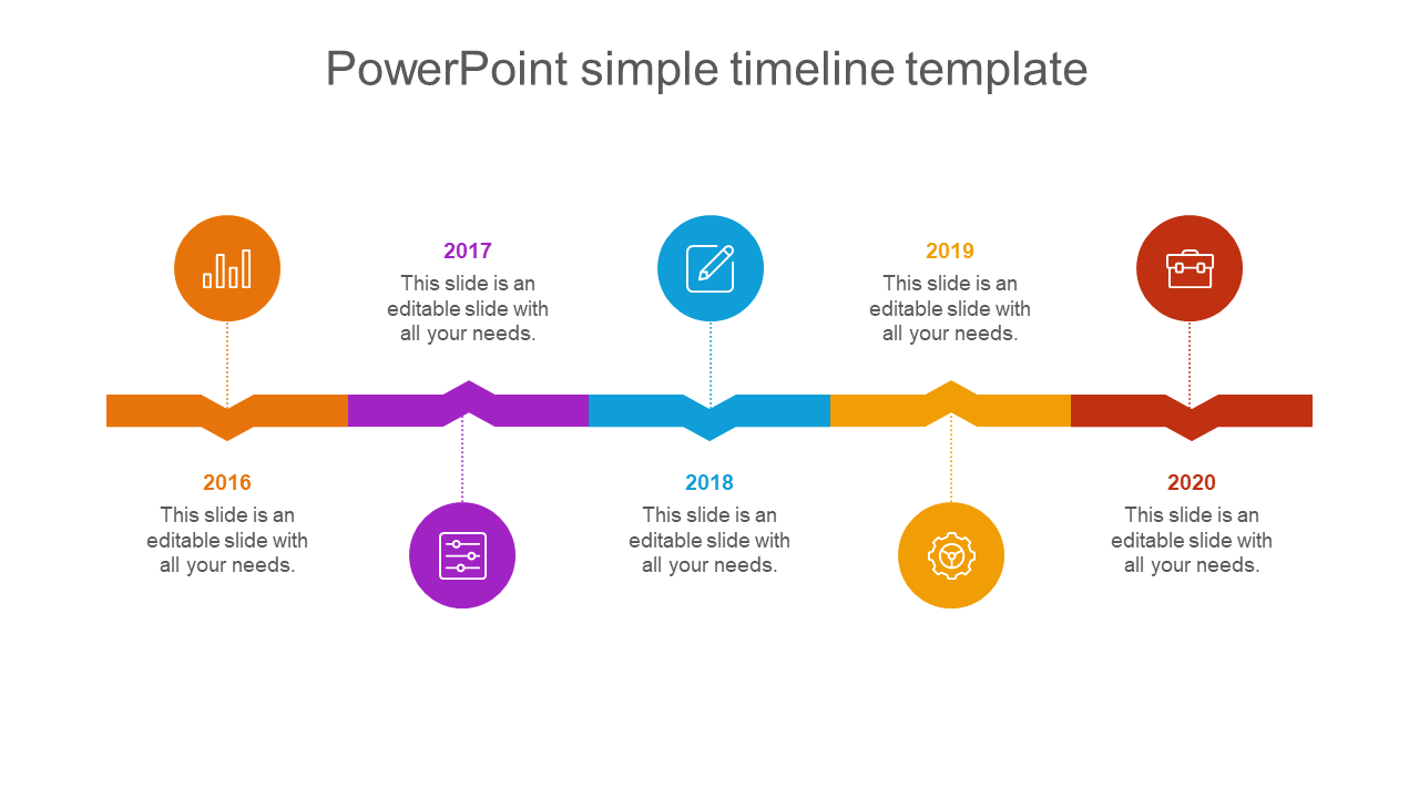 Colorful horizontal timeline slide displaying years from 2016 to 2020, each year with an icon and text captions.