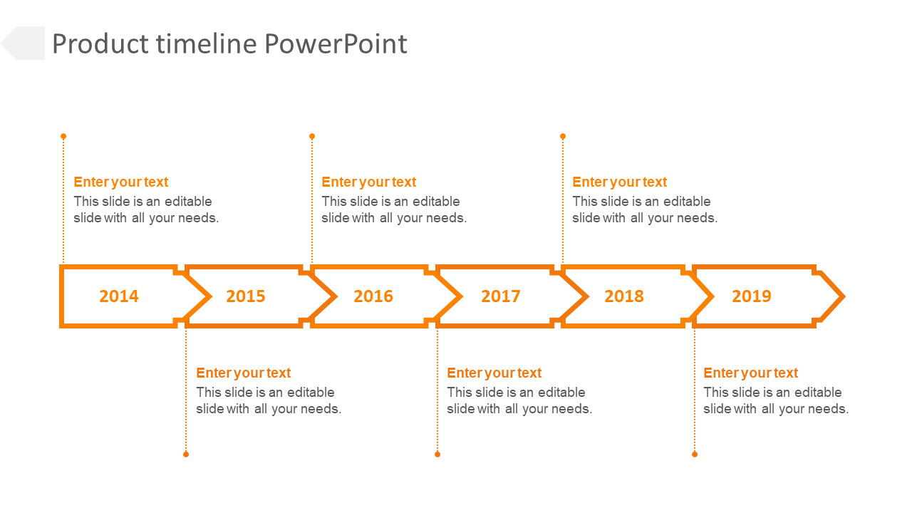 Product timeline PowerPoint template with years from 2014 to 2019, each connected by orange arrows and labeled with years.