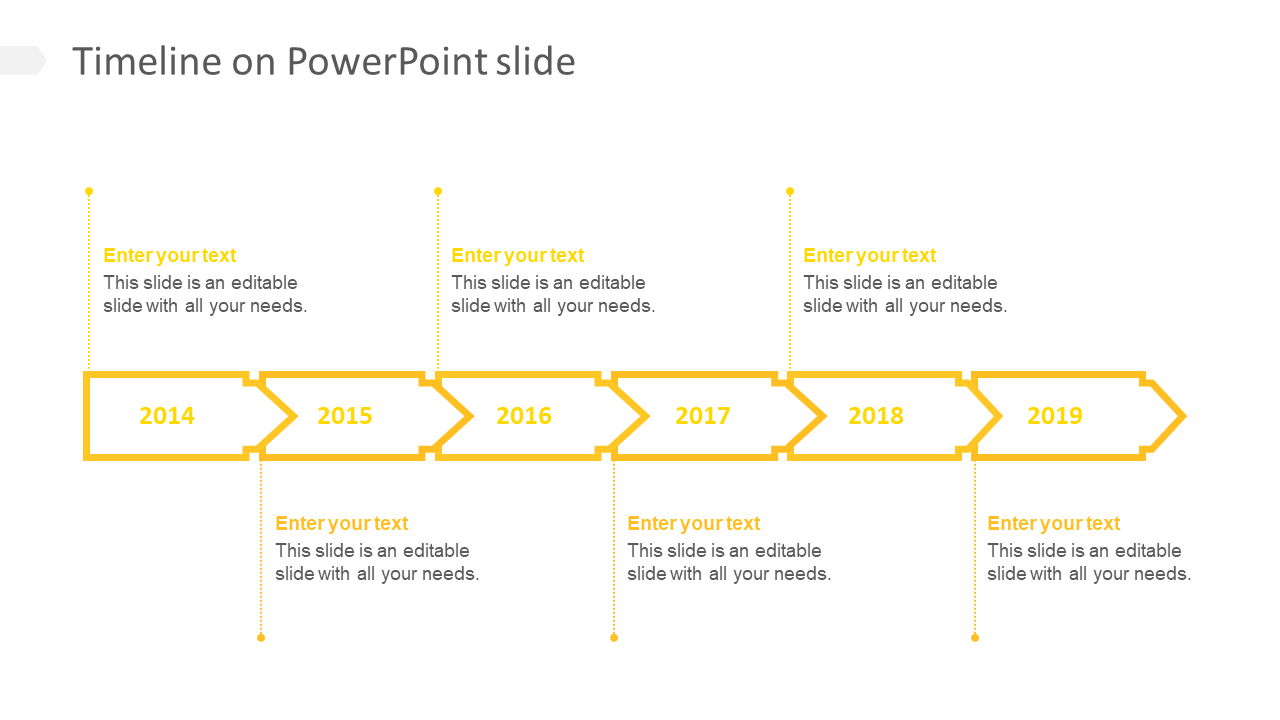 Product timeline PowerPoint template with years from 2014 to 2019, each connected by yellow arrows and labeled with years.