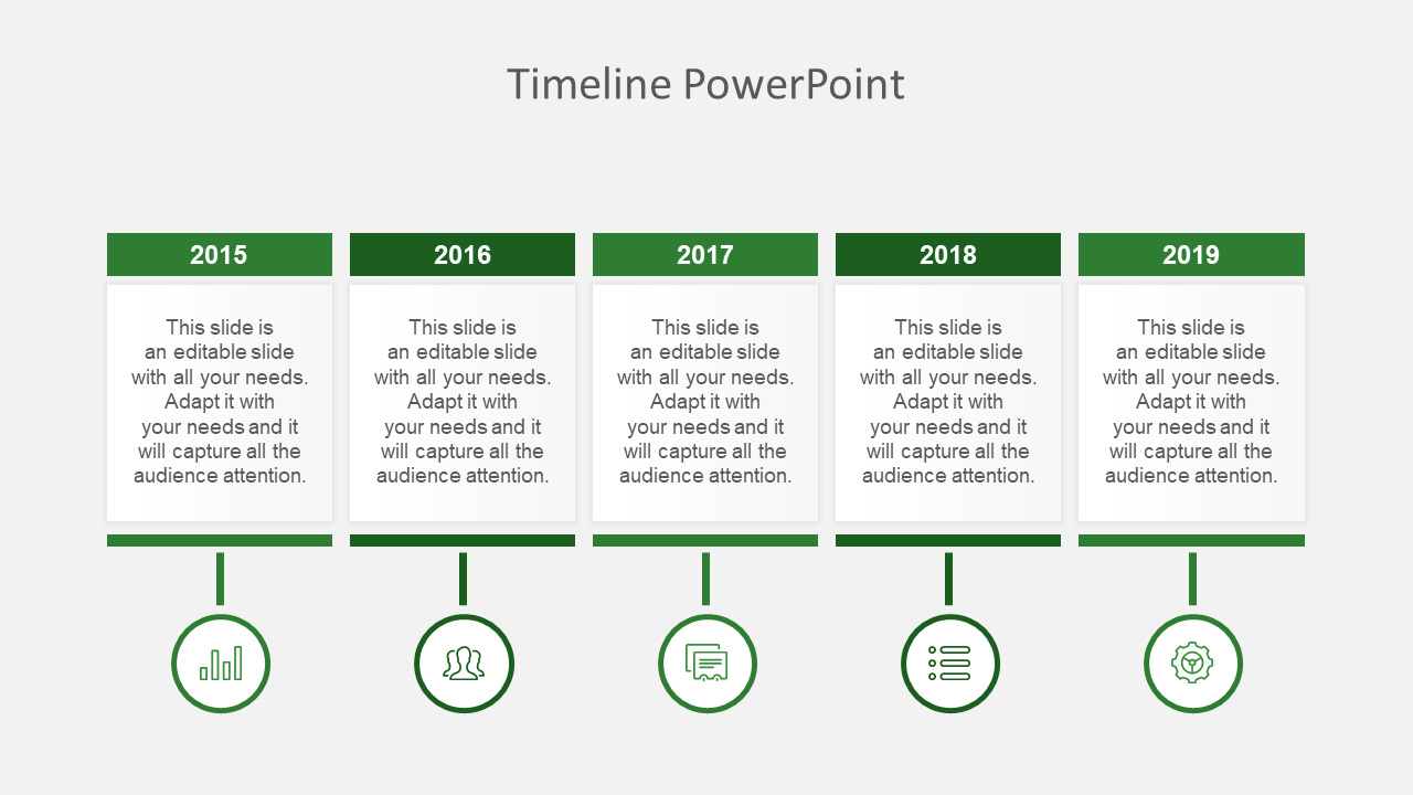 Green themed horizontal timeline with five year markers in rectangular blocks, circular icons, and captions beneath.