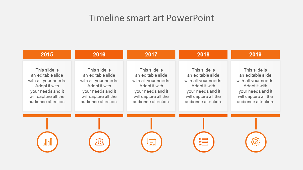 Timeline with five orange boxes for year from 2015 to 2019, featuring icons below on a gray background.