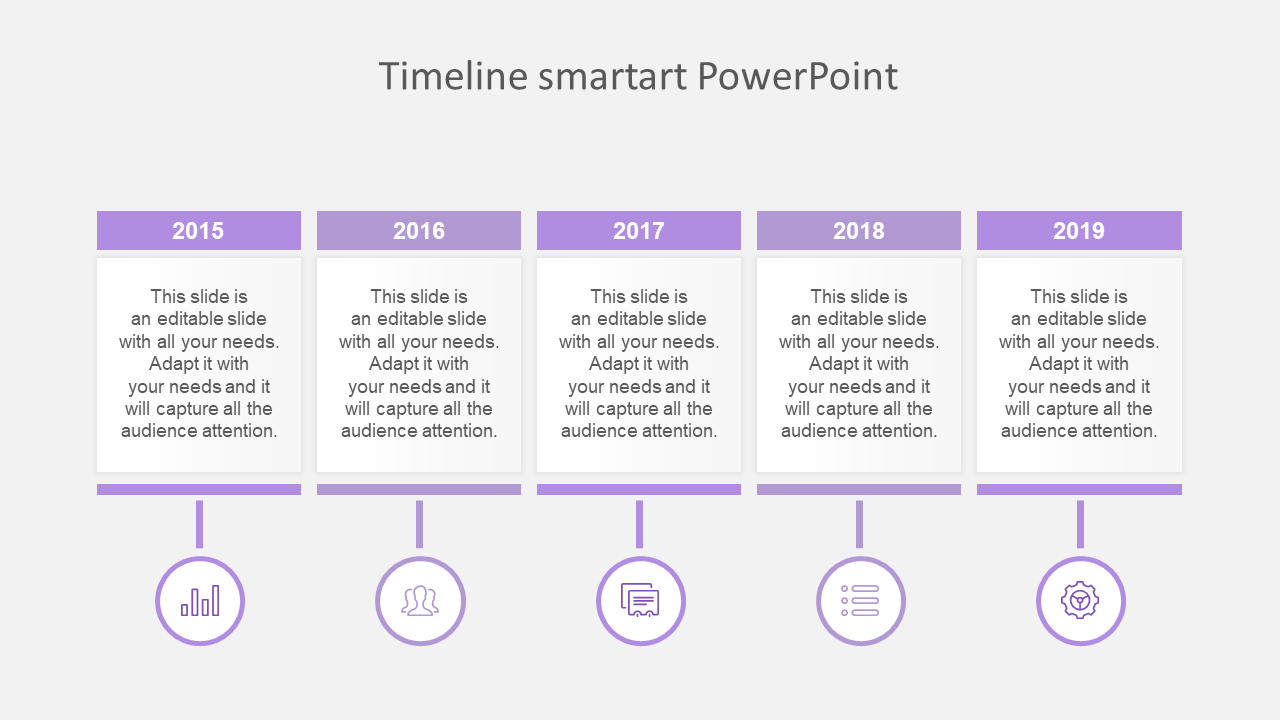 Horizontal timeline from 2015 to 2019, with purple headers and icons below each year representing milestones.