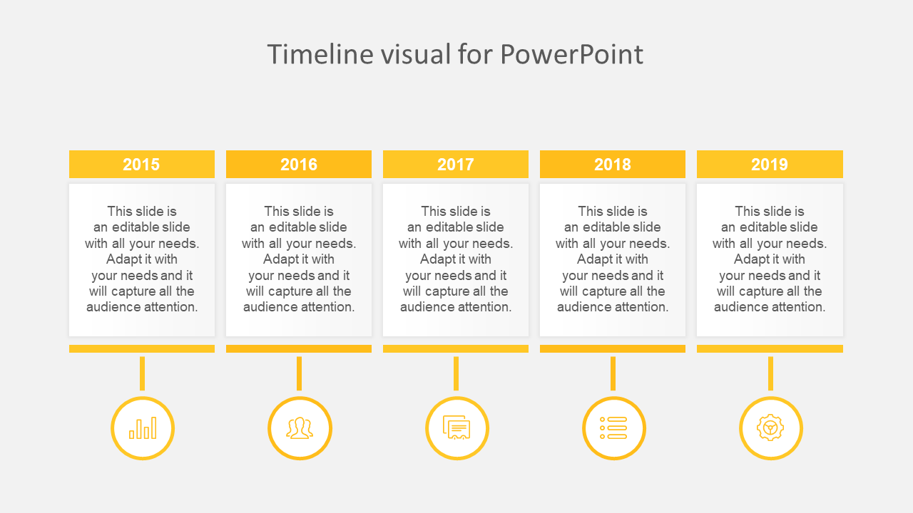  Horizontal timeline featuring five sections from 2015 to 2019, with caption areas and unique yellow icons for each year.