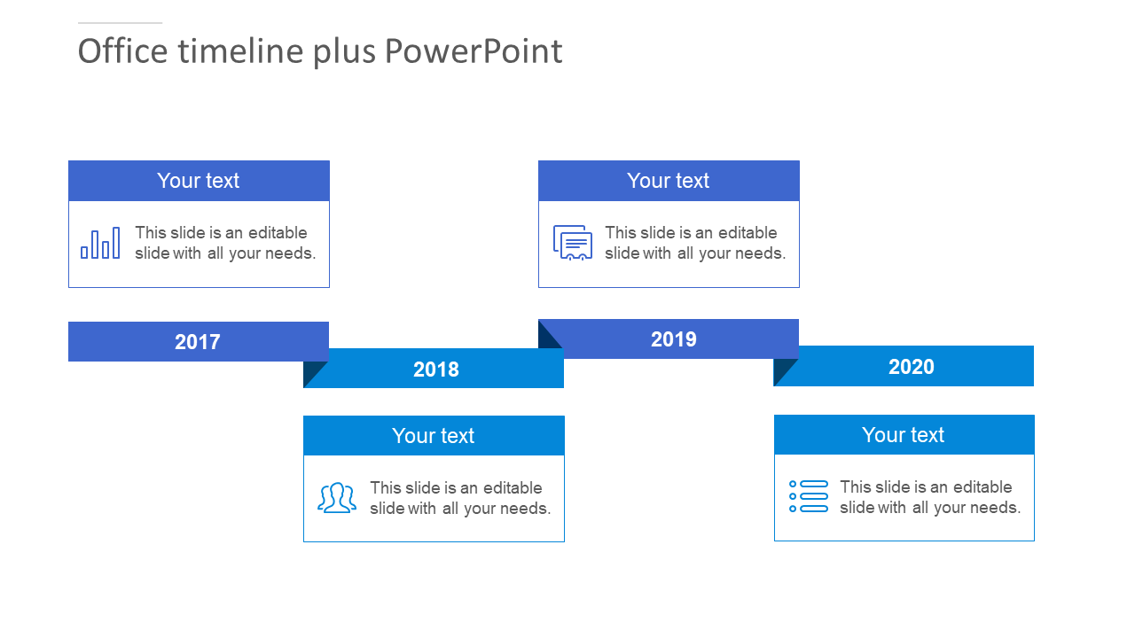 Office timeline PowerPoint slide showing years from 2017 to 2020, each marked with a blue section and icons for each year.