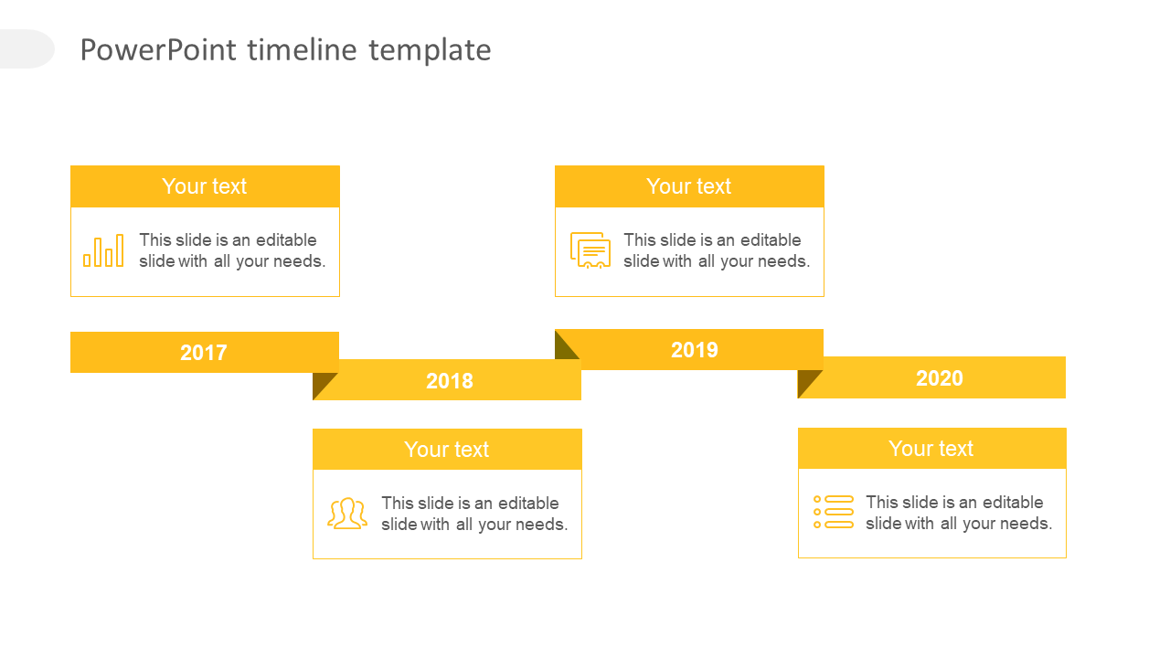 Yellow horizontal timeline with milestones labeled from 2017 to 2020, each with icons and text boxes.