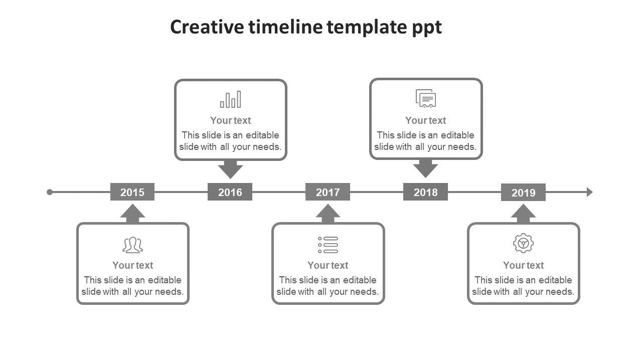 Timeline with gray rectangular icons for years, connected by arrows, with corresponding text boxes.