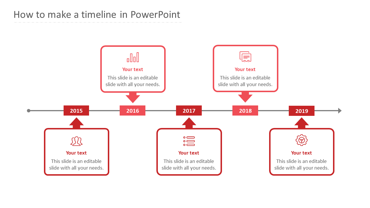 Step by step guide on how to create a timeline in PowerPoint with milestone markers from 2015 to 2019 with icons.