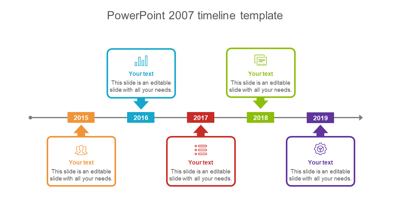 Timeline graphic with colorful shapes and arrows, showing year markers in orange, blue, red, green, and purple.