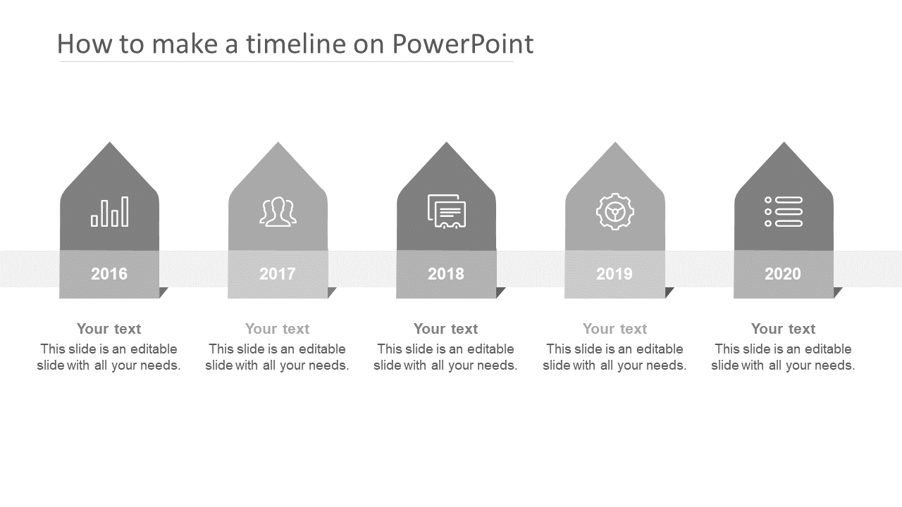 Timeline design with five grayscale arrow shaped blocks, showing icons and years, aligned along a horizontal path.