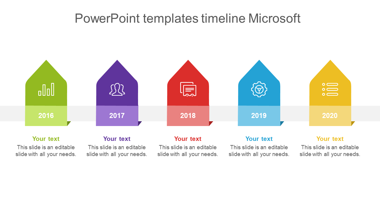 Timeline PPT template with colorful icons representing various business milestones from 2016 to 2020 with placeholder text.