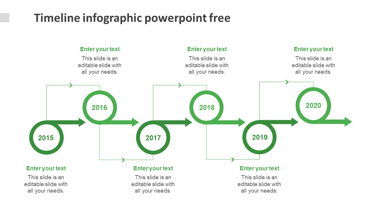 Timeline infographic slide with six green circular arrows marking yearly milestones from 2015 to 2020 with placeholder text.