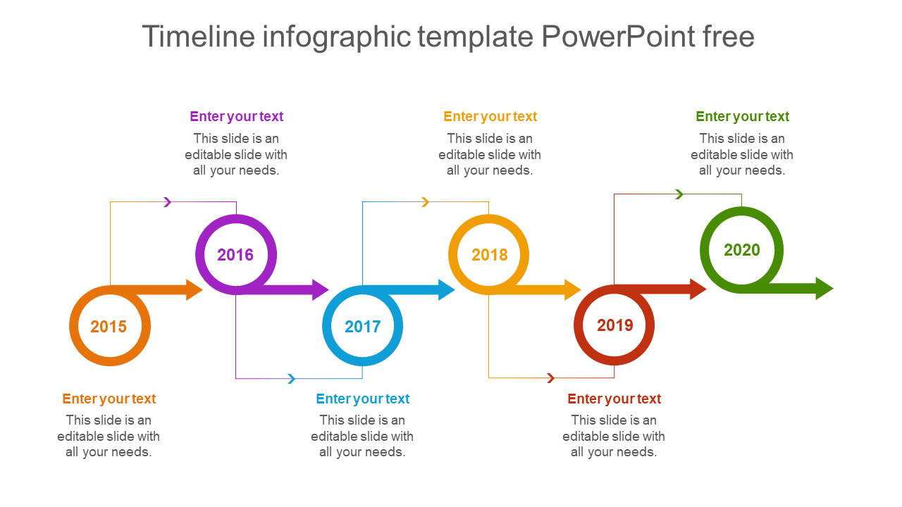 Color-coded timeline infographic slide displaying years from 2015 to 2020, each with icons and text placeholders.