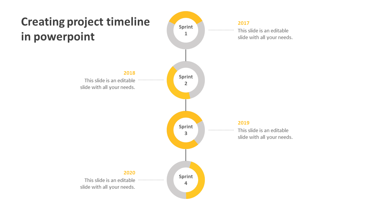 Project timeline PPT template with a vertical yellow circular sprint based workflow from 2017 to 2020 with placeholder text.